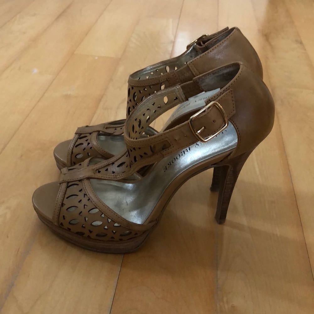 Audrey Brooke tan sandals. Size 7. 4 1/2 heel.